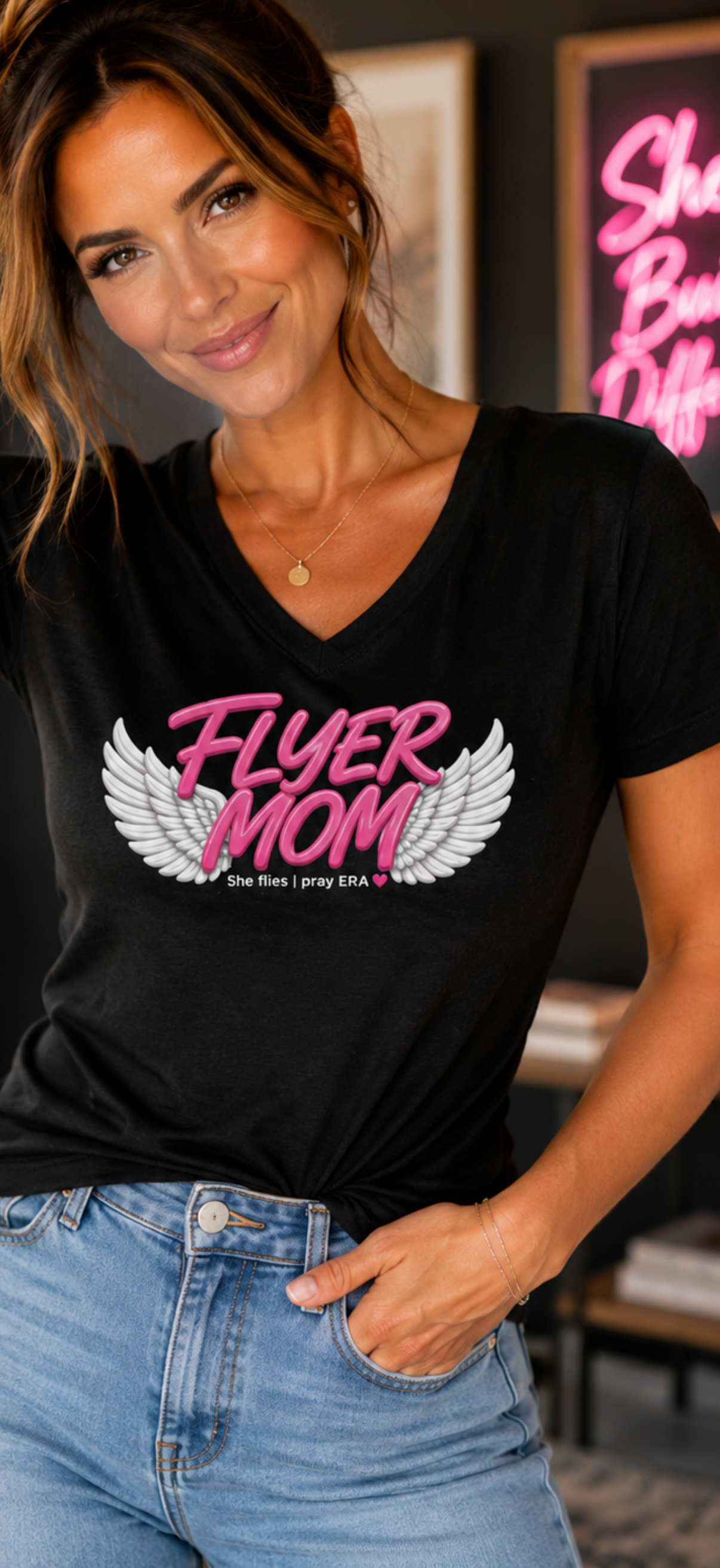 Flyer mom Jersey Short Sleeve V-Neck Tee