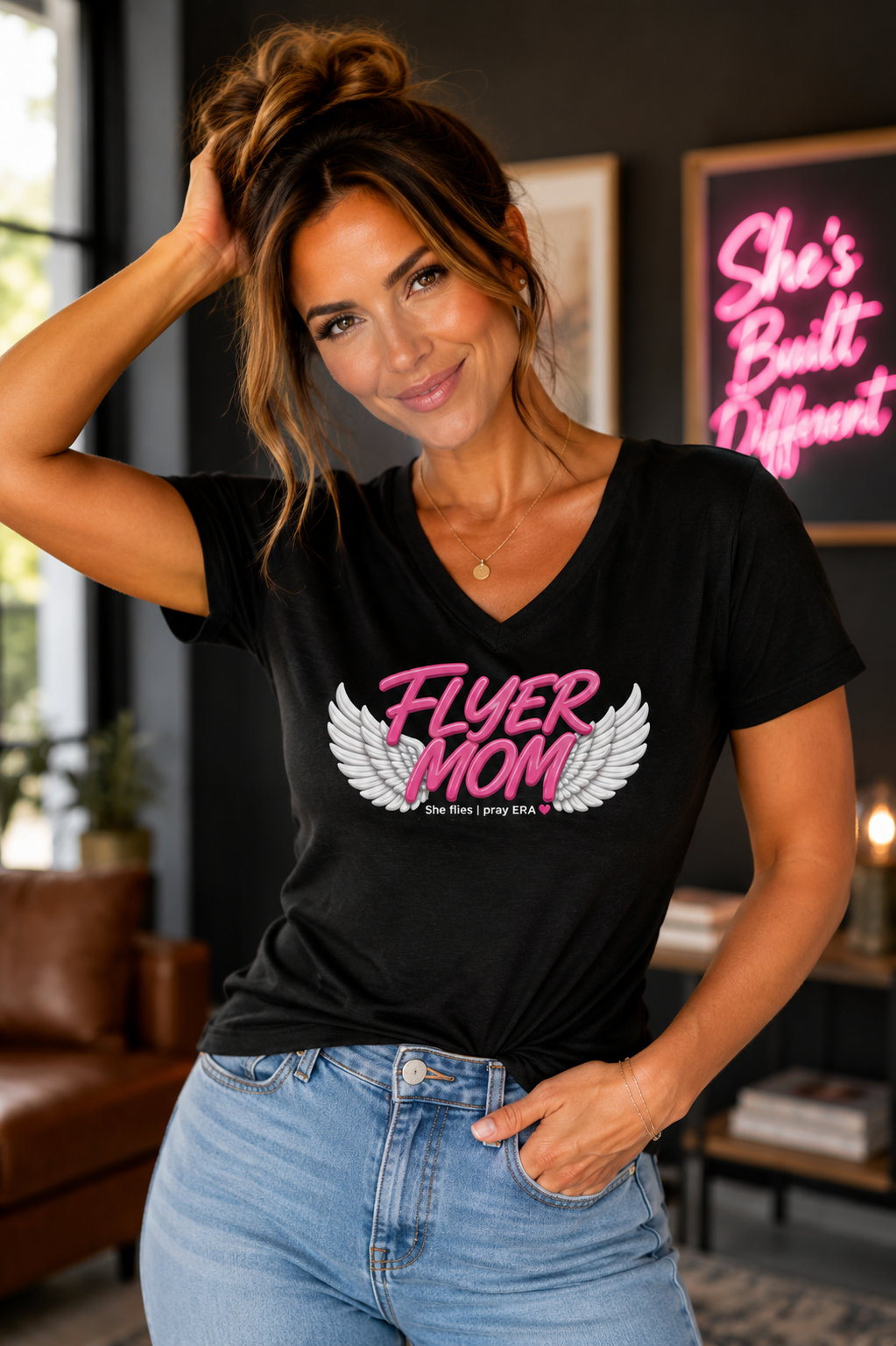 Flyer mom Jersey Short Sleeve V-Neck Tee